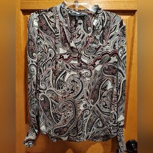 White House Black Market Paisley Buttoned Notched Collar Blouse, ruffled